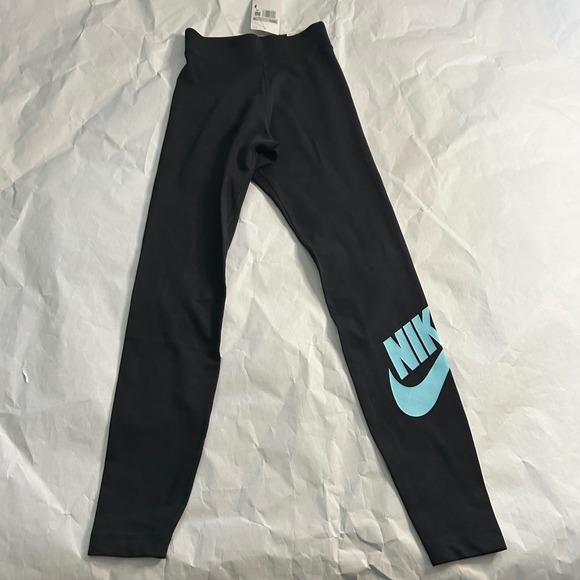 Nike Womens Black Tight Fit High Rise Full Length Leggings XS‎ Light Blue Swoosh - Picture 4 of 6